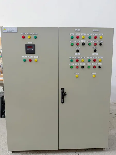 Motor control centre for an Al Ain park irrigation pump station, front view with control and indication