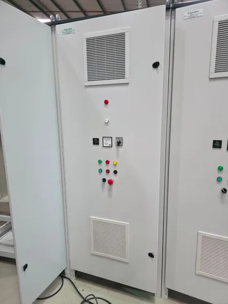 Stormwater lifting station control panel during factory acceptance testing, front view with indication and control
