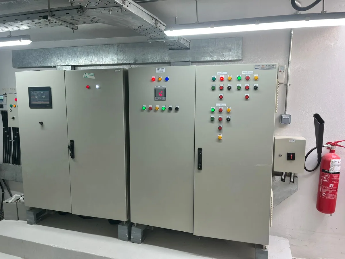 Irrigation motor control centre with HMI touchscreen and starter sections at a pump room in Baniyas, Abu Dhabi