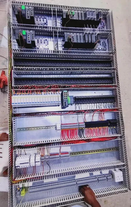 Control wiring and terminal rails inside the Bawabat Al Sharq motor control centre