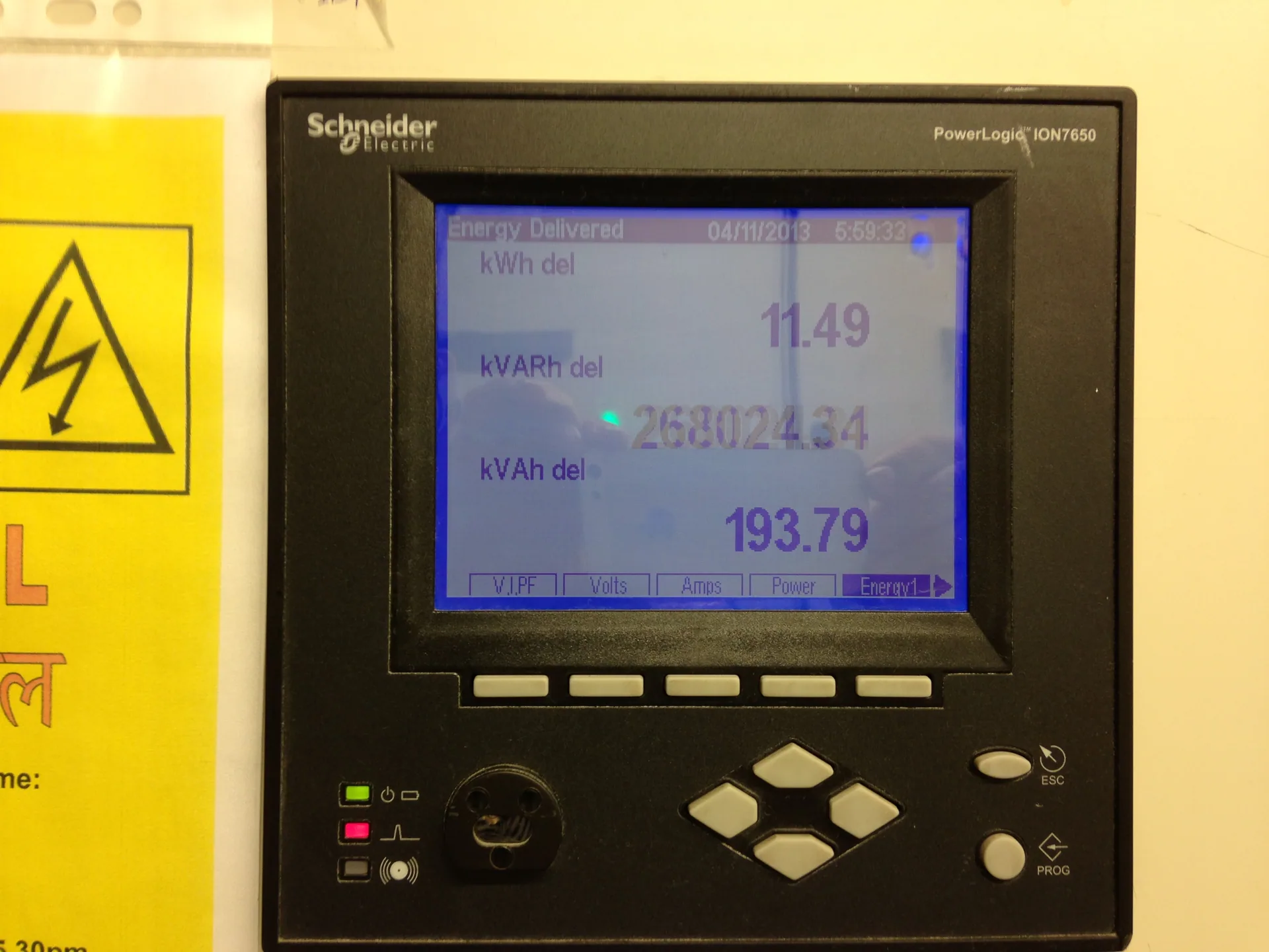 Schneider Electric PowerLogic ION7650 power meter displaying delivered kWh, kVARh and kVAh