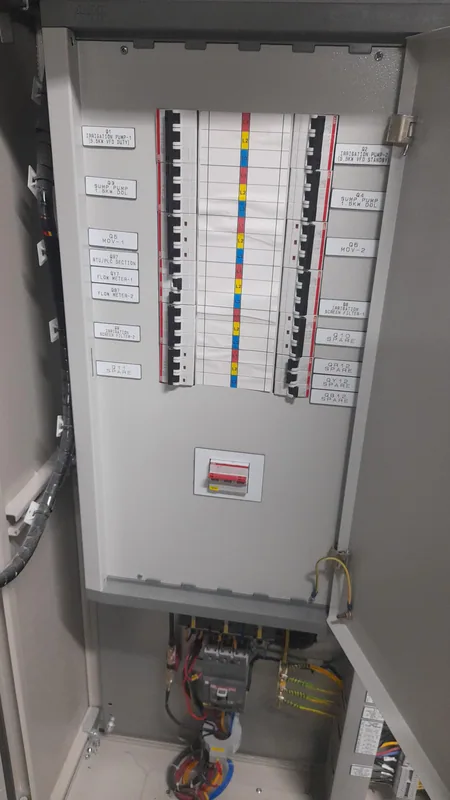 Irrigation MCC panel internals with terminal rails and control wiring