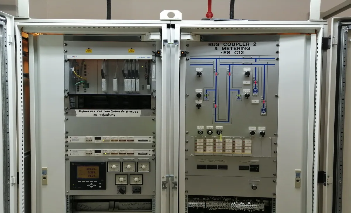 Substation protection and control panel with bus coupler and metering mimic, replaced under a TAQA Transmission contract in Abu Dhabi